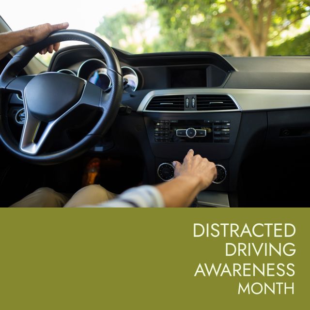 Animation of distracted driving awareness month text on blurred background with copy space. Distracted driving awareness month concept digitally generated image.
