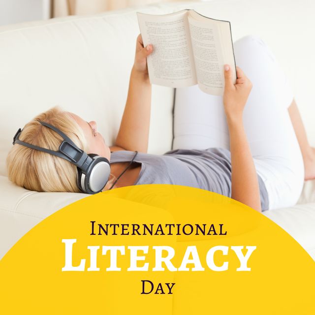 Caucasian young female listening music while reading book with international literacy day text. Digital composite, copy space, leisure, knowledge, reading, writing, learning and awareness concept.
