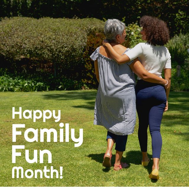 Rear view of african american senior mother with daughter walking in park and happy family fun month. text, sunlight, nature, digital composite, family, love, togetherness, enjoyment, celebration.