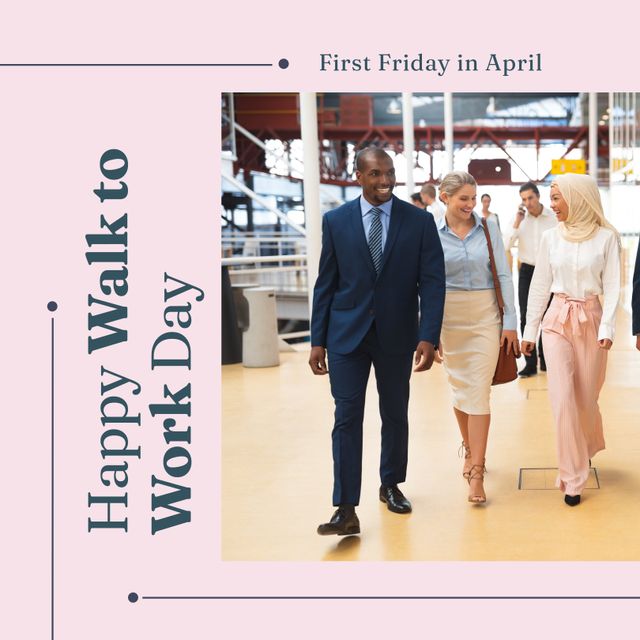 Composition of happy walk to work day text and copy space on patterned background. Walk to work day and active lifestyle concept digitally generated image.