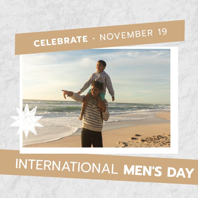 Happy biracial father carrying son on shoulders at beach, international men's day text. Copy space, digital composite, family, celebration, awareness, holiday, recognizing contributions.