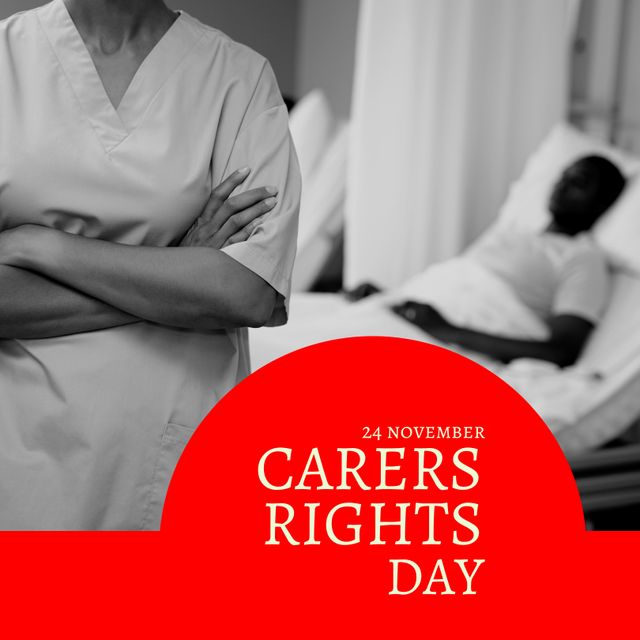 Composition of carers rights day text with diverse doctor and patient. Carers rights day and celebration concept digitally generated image.