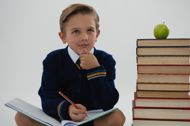 Schoolboy doing his homework while sitting beside books stack - Download Free Stock Photos Pikwizard.com