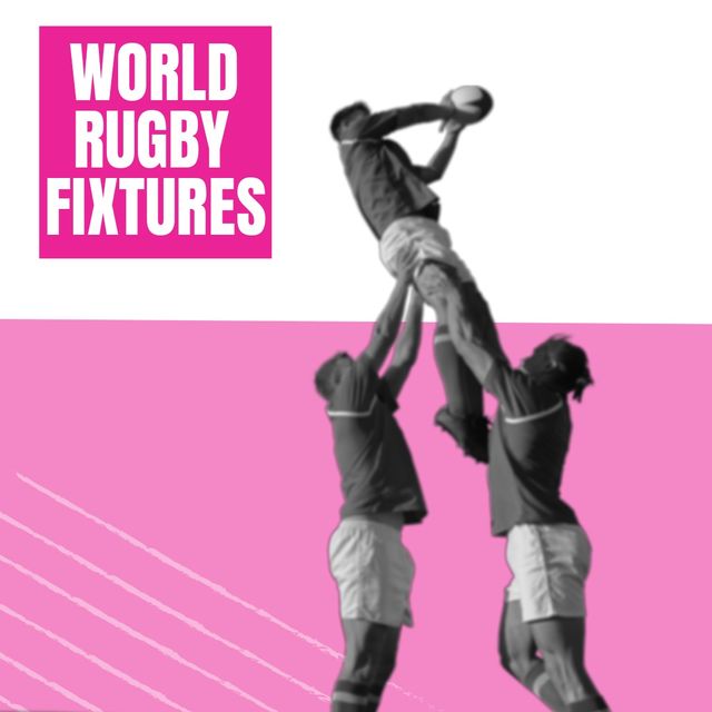 Image of rugby world fixtures over diverse rugby players on white and pink background - Download Free Stock Templates Pikwizard.com