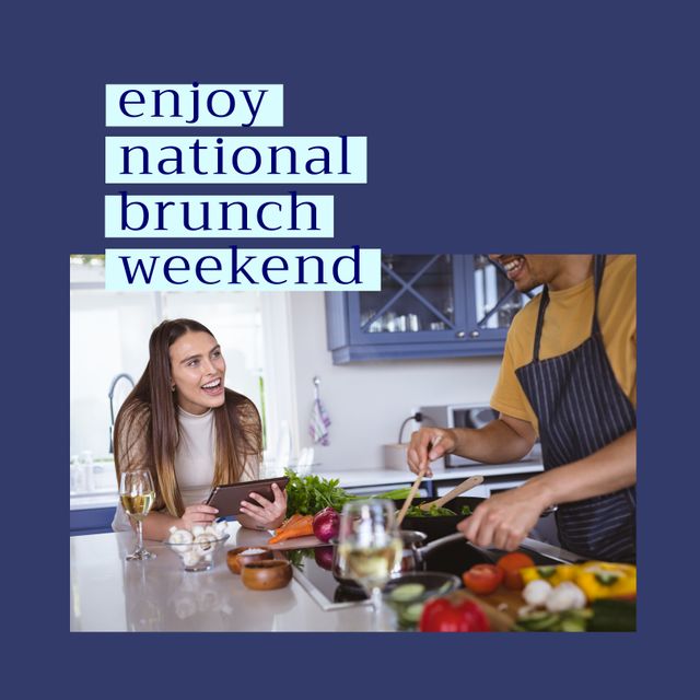 Composition of national brunch weekend text over diverse couple cooking. National brunch weekend and celebration concept digitally generated image.