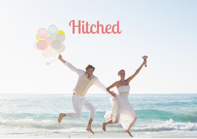 Newly wed couple jumping on the beach with background hitched in text - Download Free Stock Photos Pikwizard.com