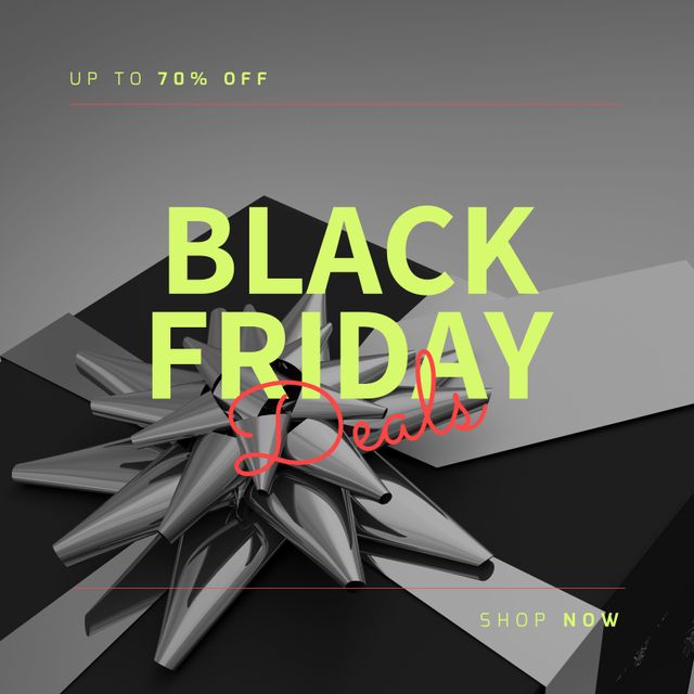 Composition of up to 70 percent off black friday deals shop now text over present. Black friday, shopping and retail concept digitally generated image.