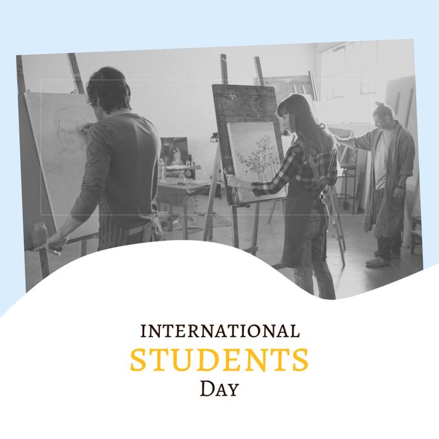 Composition of international students day text with diverse students during art class. Students day and celebration concept digitally generated image.