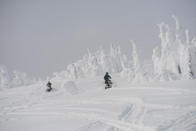 Couple riding snowmobile in snowy alps during winter