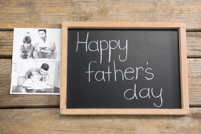 High angle view of photographs by slate with happy fathers day text on table - Download Free Stock Photos Pikwizard.com