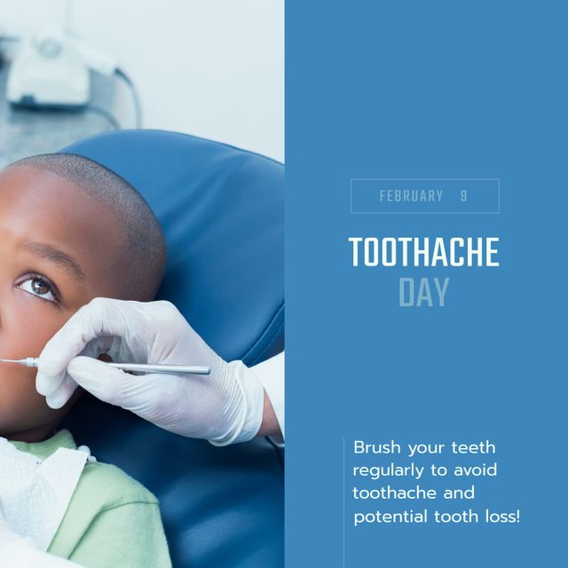 Composition of toothache day text and african american boy patient at dentist. Toothache day, oral health and dentistry concept digitally generated image.