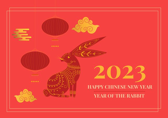 Composition of happy chinese new year text over rabbit on red background. Chinese new year, tradition and celebration concept digitally generated image.