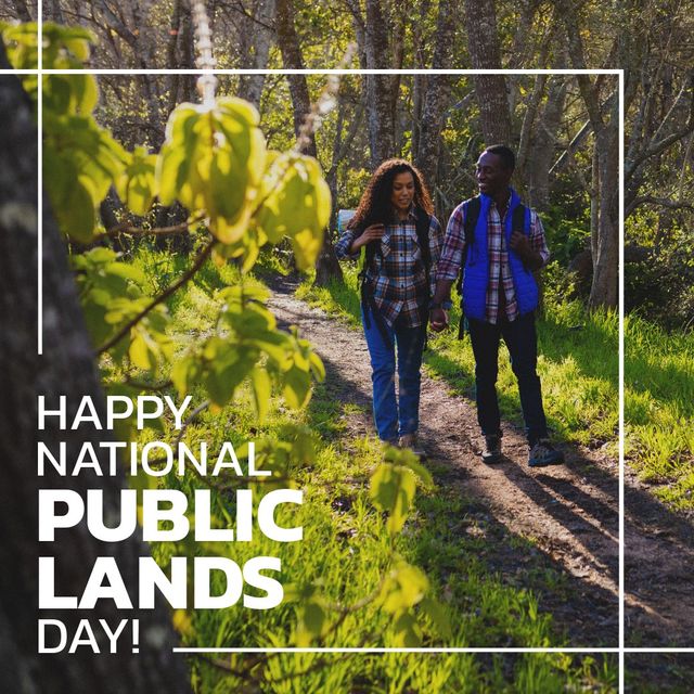 National public lands day text banner over biracial couple hiking together in the forest. National public lands day awareness concept
