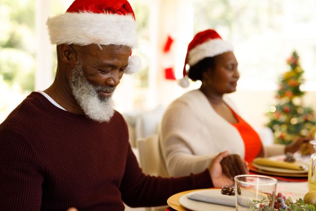 Side view of an african-american man holding hands with a woman while praying at a christmas dinner  - Download Free Stock Photos Pikwizard.com
