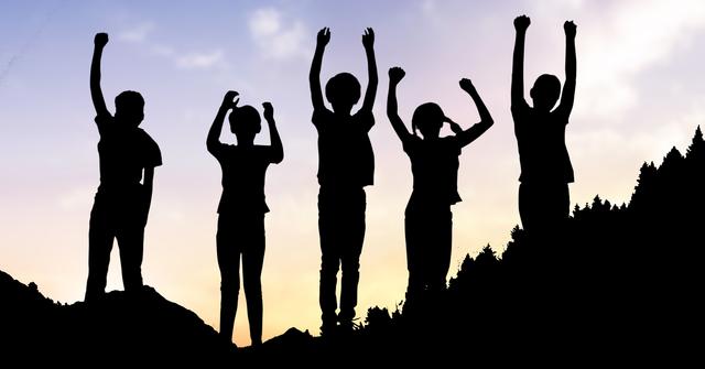 Silhouette children with arms raised standing on hill - Download Free Stock Photos Pikwizard.com