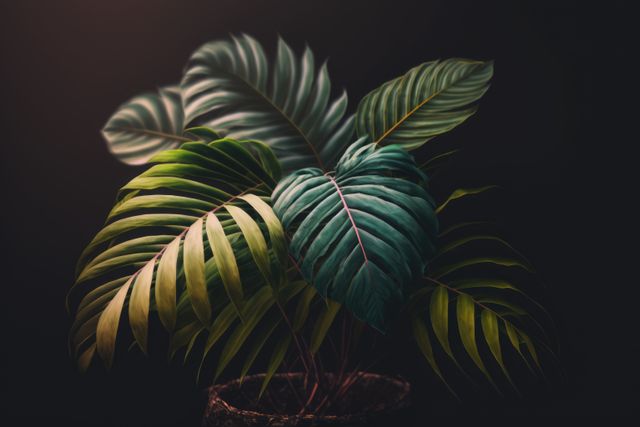 Close up of green leaves on black background created using generative ai technology. Tropical plants, leaves and nature concept digitally generated image.