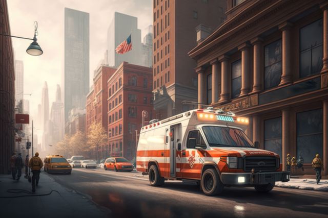 Ambulance driving in city street with clouded sky, created using generative ai technology. Ambulance and emergency medical services concept digitally generated image.