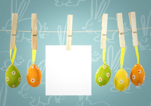 Note on washing line with eggs against blue easter pattern - Download Free Stock Photos Pikwizard.com