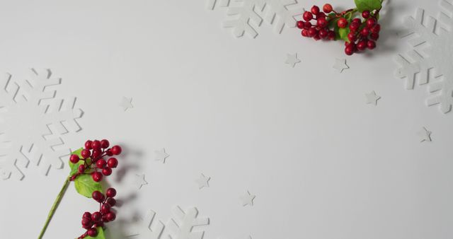 Image of christmas sprigs with red berries, snowflake patterns and copy space on white background. christmas, tradition and celebration concept.