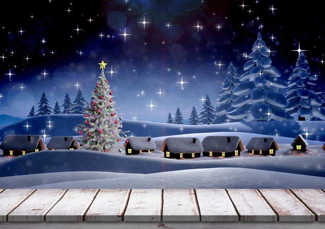 Christmas themed snowy background with wooden boardwalk - Download Free Stock Photos Pikwizard.com