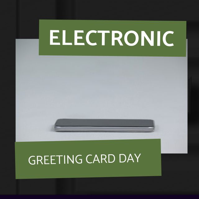 Composition of electronic greeting card day text over smartphone on grey background. Electronic greeting card day and celebration concept digitally generated image.