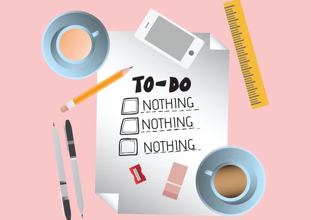 Illustration of drink and office supplies on to-do list of nothing check boxes over peach background. text, drink, communication and nothing day concept.
