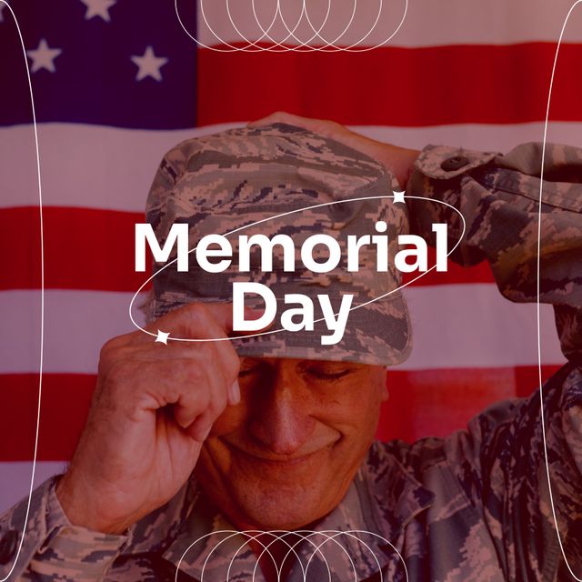 Composition of memorial day text, caucasian veteran soldier and flag of usa. Memorial day, american patriotism and remembrance concept digitally generated image.