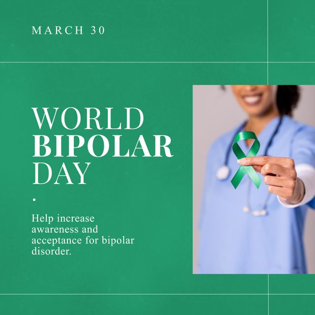Composition of world bipolar day text over biracial female doctor with cancer ribbon. World bipolar day and celebration concept digitally generated image.