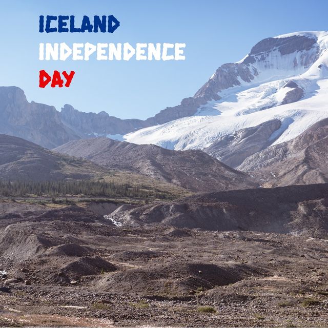Digital composite image of iceland independence day text over mountainous landscape. natural landscape, patriotism and identity concept.