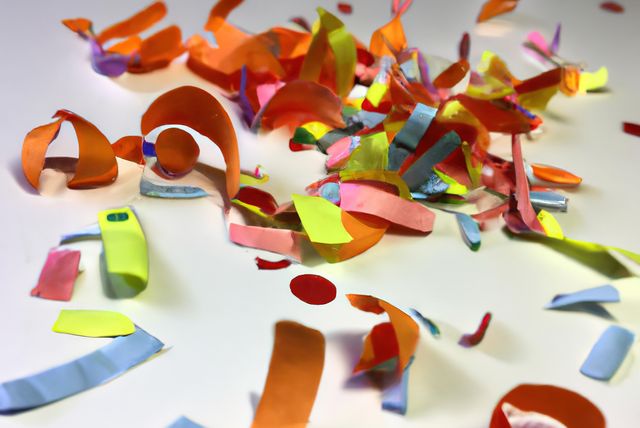 Close up of colorful confetti on white background using generative ai technology. Party, colour and celebration concept, digitally generated image.