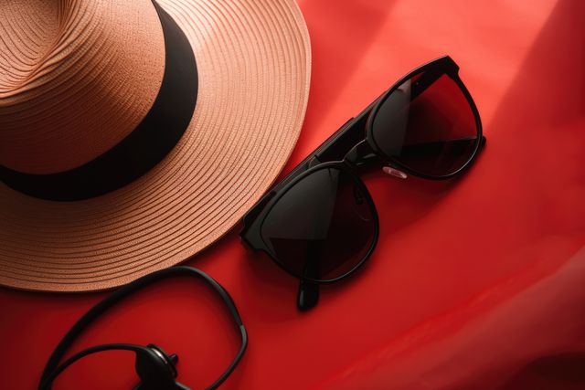 Sunglasses, hat and earphones on orange background, created using generative ai technology. Travel, adventure, exploration and vacations, digitally generated image.