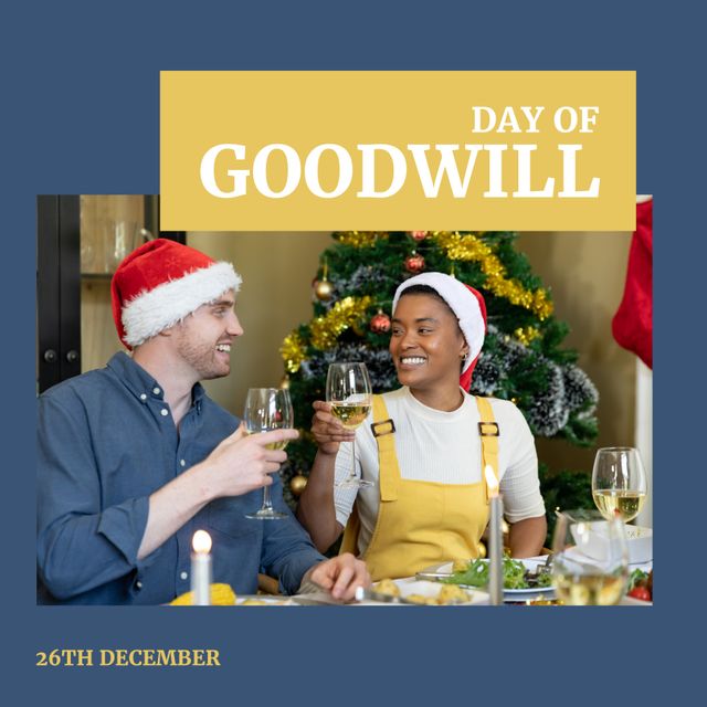 Square image of diverse couple of people wearing santa claus hats and day of goodwill text. Day of goodwill campaign.