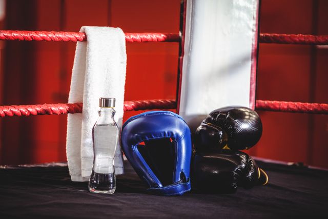 Boxing gloves, headgear, water bottle and a towel in a corner of boxing ring