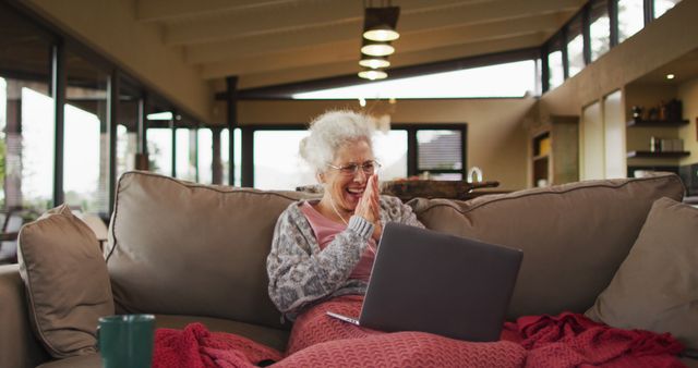 Senior mixed race woman sitting on sofa celebrating. retirement and senior lifestyle, spending time alone at home.