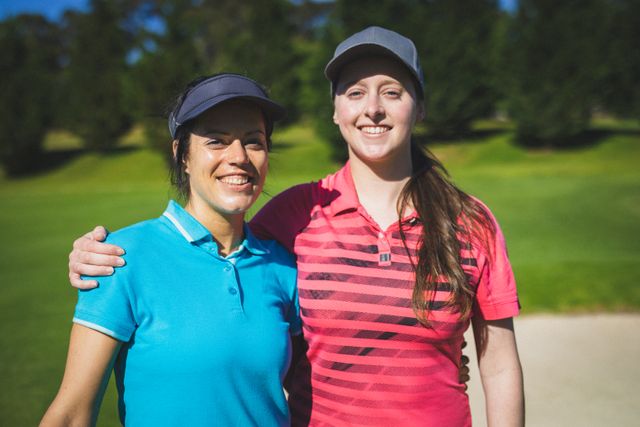 Portrait of two caucasian woman smiling while standing at golf course - Download Free Stock Photos Pikwizard.com