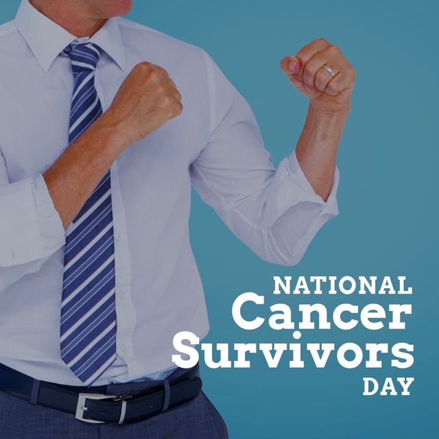 Caucasian man in businesswear by national cancer survivors day text against blue background. fightback and cancer awareness campaign concept.
