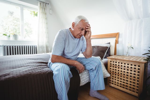 Frustrated senior man sitting on bed - Download Free Stock Photos Pikwizard.com