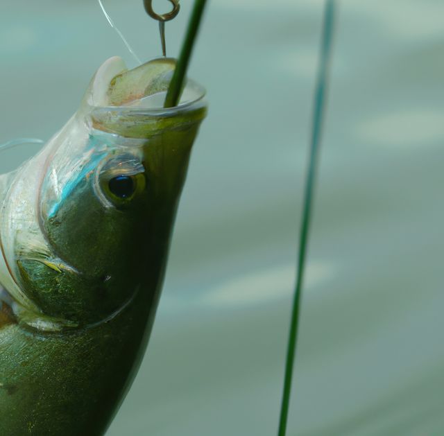 Image of close up of fishing rod with fish bait against green water. Fishing, hobby and leisure concept.