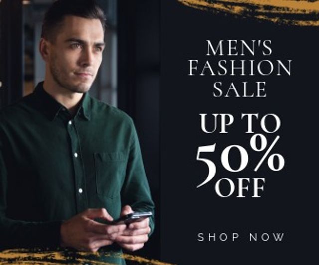Composition of mens fashion sale text over caucasian man with smartphone. Shopping and ad maker concept digitally generated image.