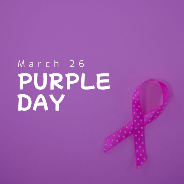 Image of purple day text over epilepsy purple ribbon with spots. Purple day and celebration concept digitally generated image.