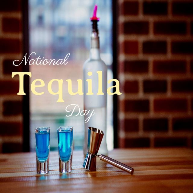 Digital composite of national tequila day text with tequila shots and bottle on table in bar. tequila, alcohol, drink and celebration concept.