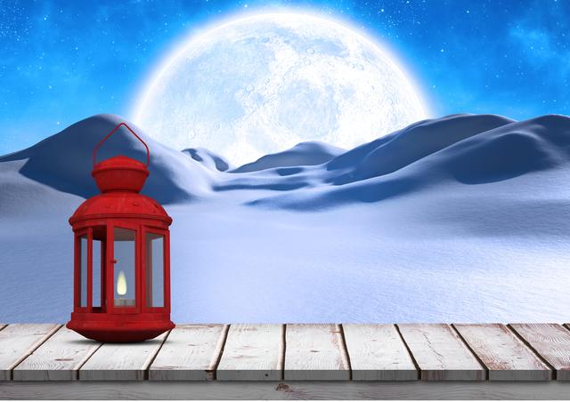 Lantern on wooden plank with moon and snowcapped at night - Download Free Stock Photos Pikwizard.com