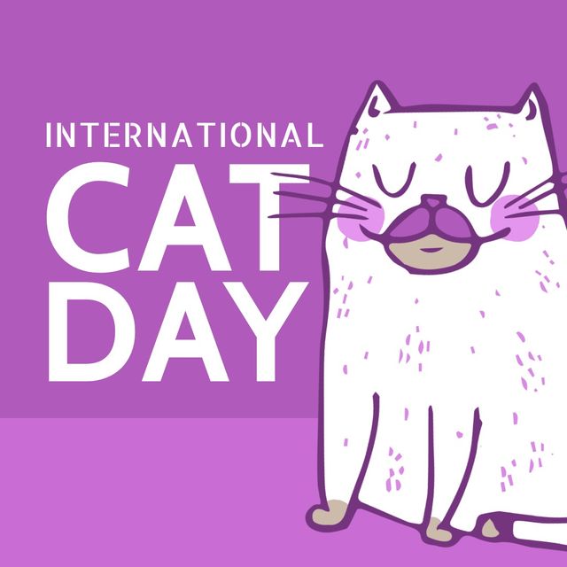 Image of international cat day and white cat on violet background. Animals, pets, cat day and celebration concept.