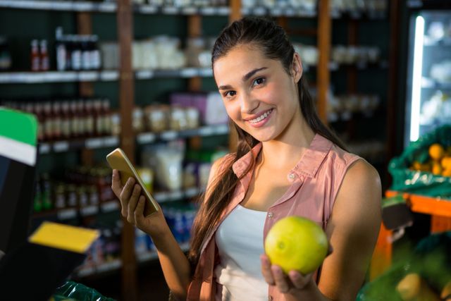 Portrait of smiling woman using her phone while buying fruits in organic section - Download Free Stock Photos Pikwizard.com