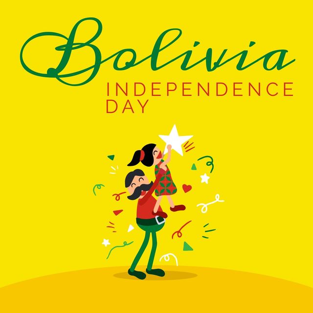 Illustration of father picking up daughter holding star, decorations and bolivia independence day. text, copy space, vector, yellow, family, childhood, patriotism, celebration, freedom, identity.