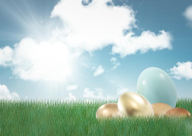Blue easter egg with gold eggs on the grass - Download Free Stock Photos Pikwizard.com