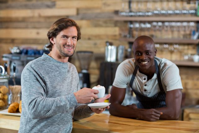Portrait of male customer smiling while having coffee - Download Free Stock Photos Pikwizard.com