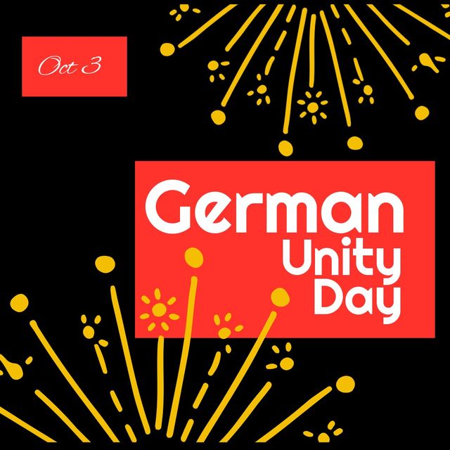 Vector image of german unity day text with yellow design patterns on black background, copy space. Illustration, celebration, holiday, german reunification, unity, pride.