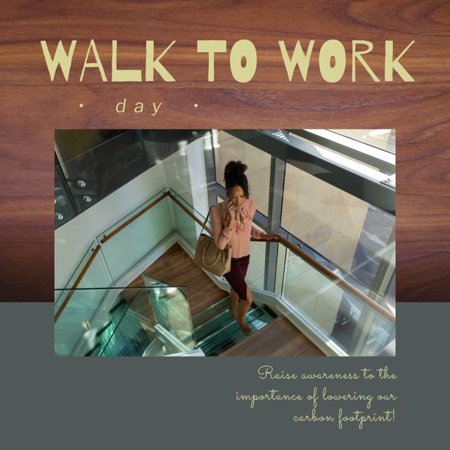 Composition of walk to work day text and biracial businesswoman walking. Walk to work day and active lifestyle concept digitally generated image.