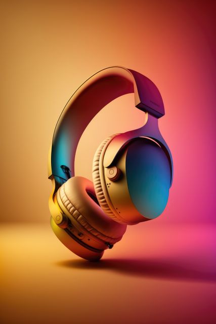 Close up of colorful headphones on yellow and pink background created using generative ai technology. Technology and music concept digitally generated image.